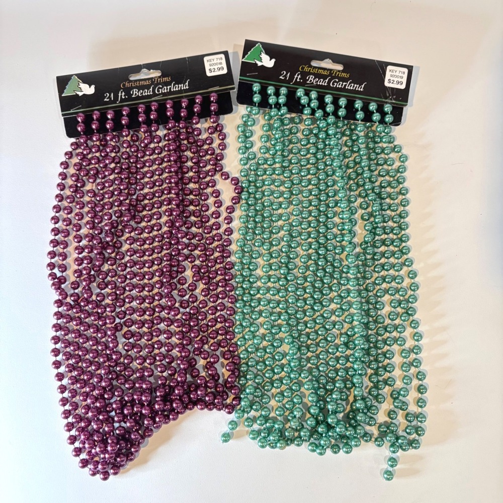 Christmas Trims 21 ft Bead Garland Set Purple Green Holiday Tree Decor 2 Pack